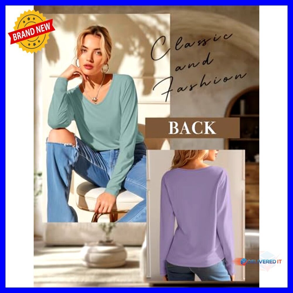 Long Sleeve V Neck Tops Loose Fit Casual Minimal Chic Fall Basic Tees - Picture 4 of 7